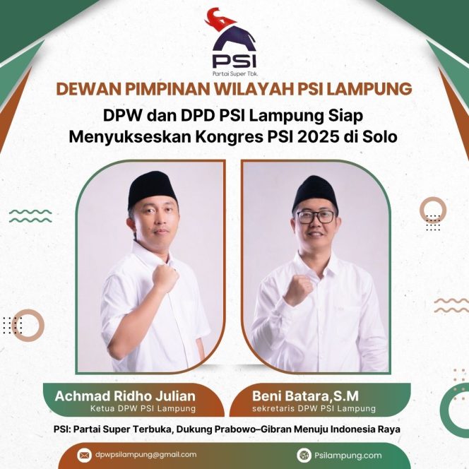 
					DPW dan DPD PSI Lampung Siap Menyukseskan Kongres PSI 2025 di Solo