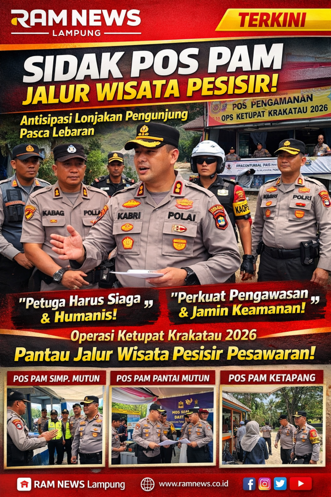 
					Kapolres Pesawaran Sidak Tiga Pos Pam Jalur Wisata Pesisir, Antisipasi Lonjakan Pengunjung Pasca Lebaran