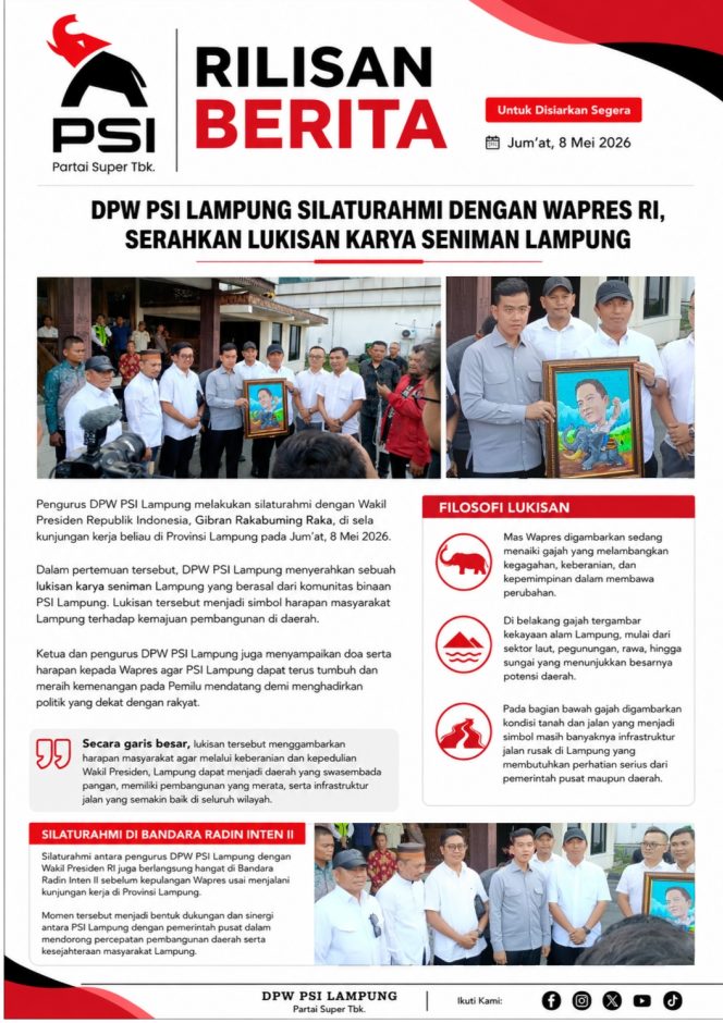 
					DPW PSI Lampung Silaturahmi dengan Wapres RI, Serahkan Lukisan Karya Seniman Binaan PSI Lampung