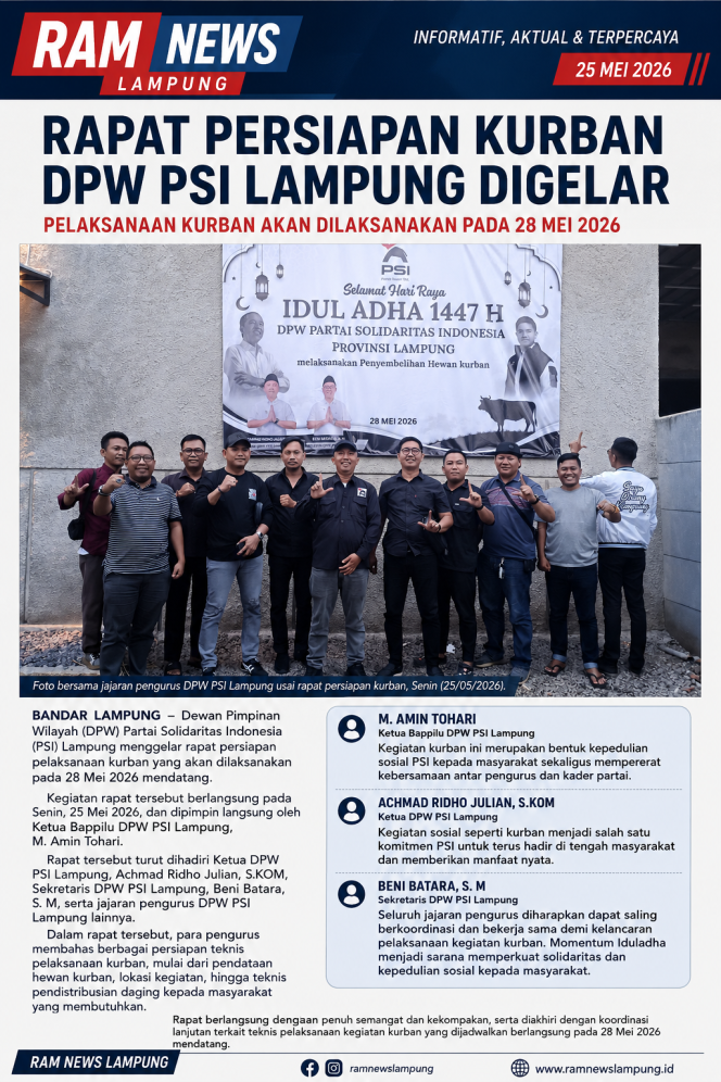 
					Rapat Persiapan Kurban DPW PSI LAMPUNG Digelar, Perkuat Kebersamaan Dan Kegiatan Sosial