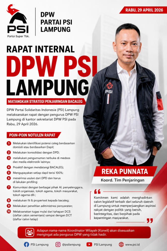 
					DPW PSI Lampung Matangkan Strategi Penjaringan Bacaleg, Targetkan Tiap Dapil Terisi 100%