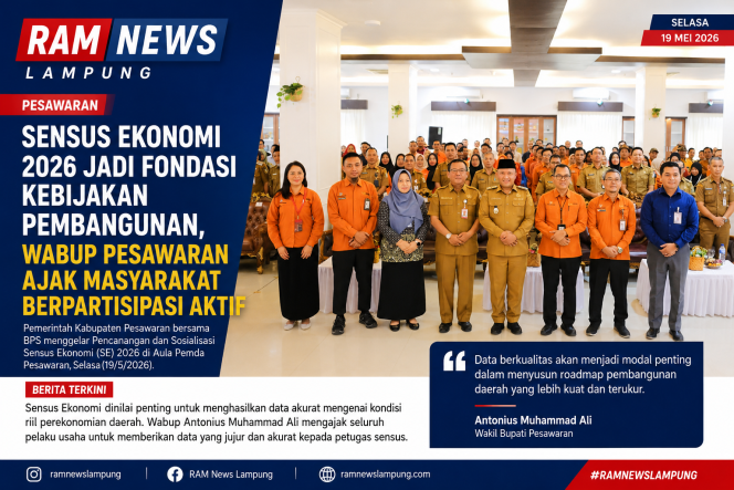 
					Sensus Ekonomi 2026 Jadi Fondasi Kebijakan Pembangunan, Wabup Pesawaran Ajak Masyarakat Berpartisipasi Aktif