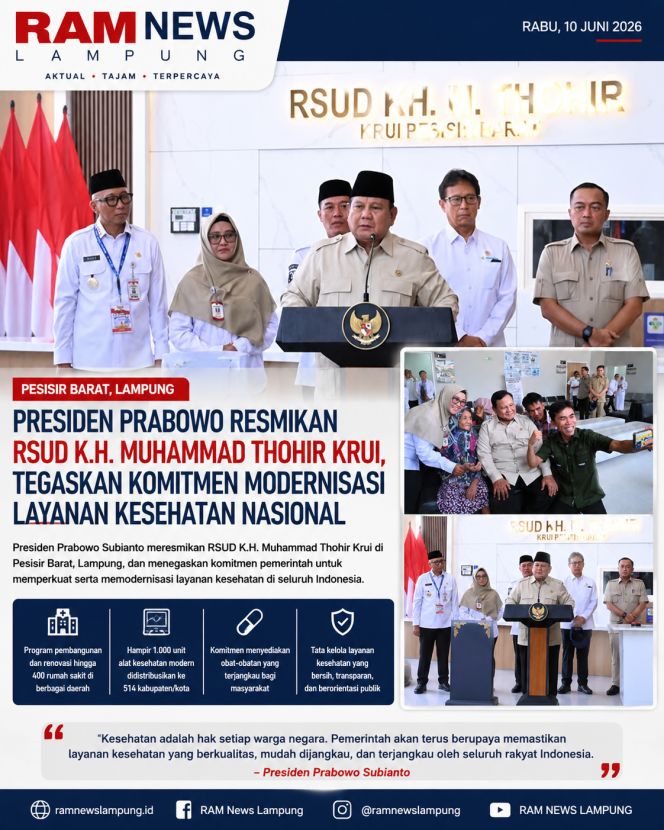 
					Presiden Prabowo Resmikan RSUD K.H. Muhammad Thohir Krui, Tegaskan Komitmen Modernisasi Layanan Kesehatan Nasional