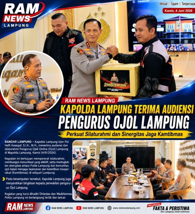 
					Kapolda Lampung Terima Audiensi Pengurus Ojol Lampung, Perkuat Sinergitas Jaga Kamtibmas