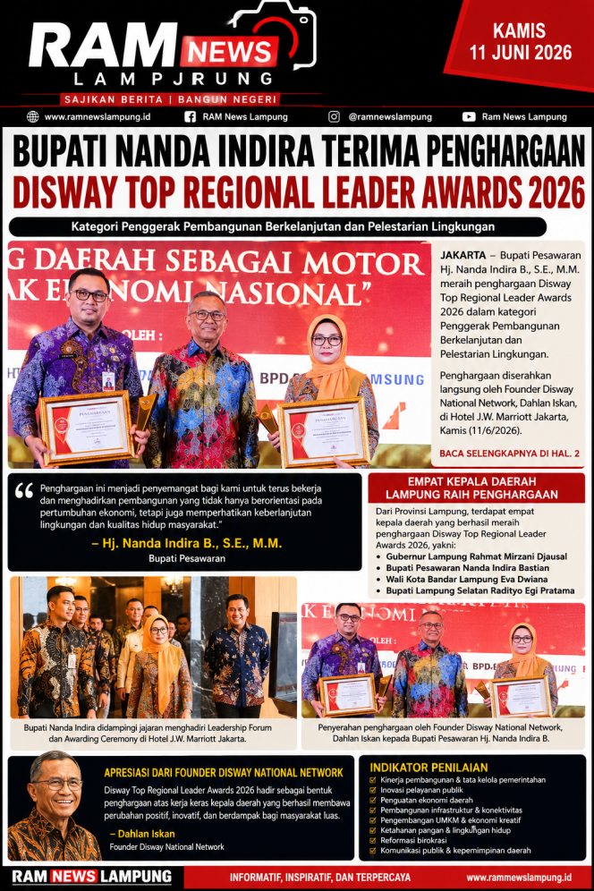 
					Bupati Nanda Indira Raih Disway Top Regional Leader Awards 2026, Harumkan Nama Pesawaran di Tingkat Nasional