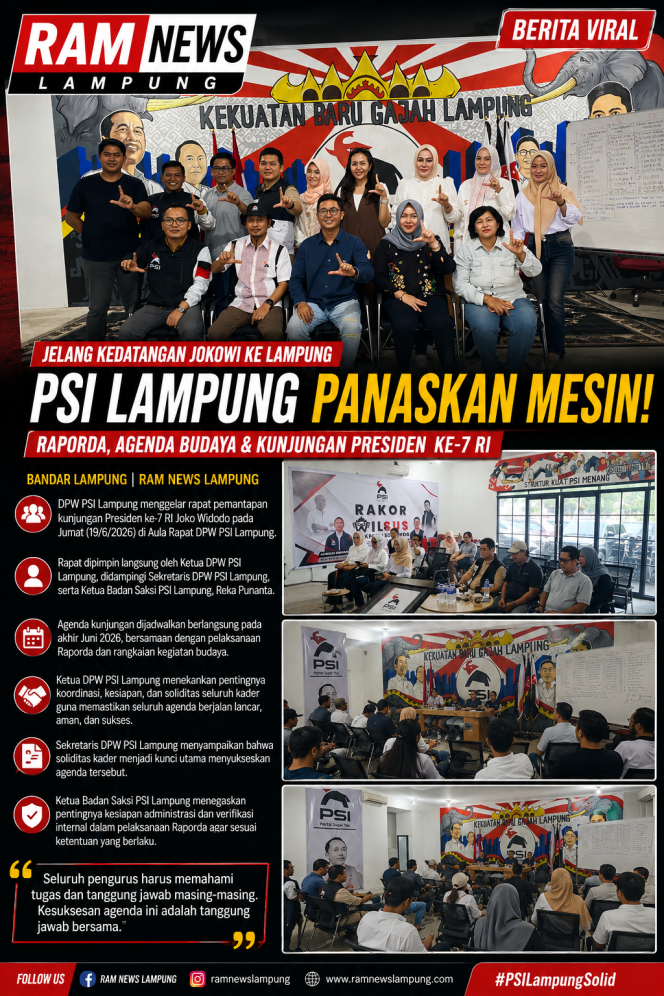 
					Jelang Kedatangan Jokowi ke Lampung, PSI Panaskan Mesin! Konsolidasi Besar Digelar, Raporda dan Agenda Budaya Jadi Sorotan