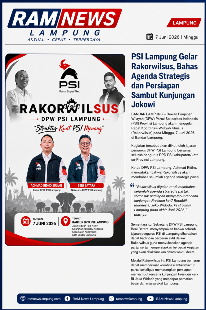 
					Rakorwilsus PSI Lampung Bahas Agenda Strategis dan Persiapan Sambut Kunjungan Jokowi