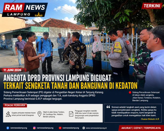 
					Anggota DPRD Provinsi Lampung Digugat Terkait Sengketa Tanah dan Bangunan di Kedaton