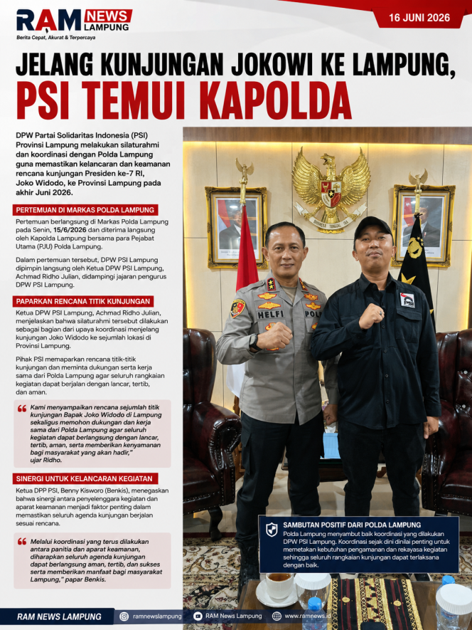 
					Jelang Kunjungan Jokowi ke Lampung, PSI Koordinasi dengan Polda Lampung untuk Pastikan Kelancaran Agenda