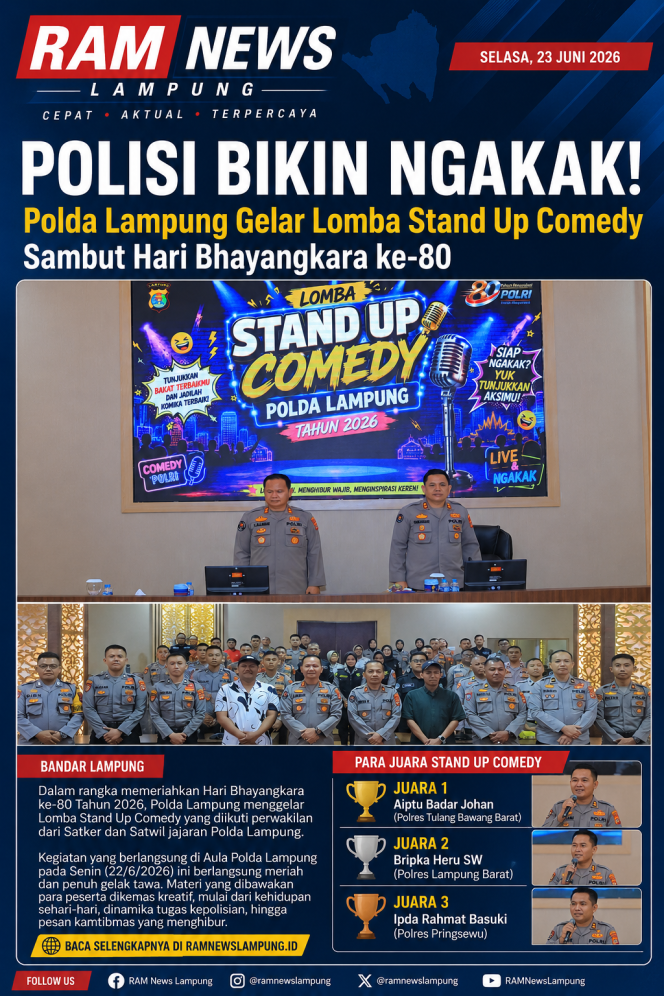 
					POLISI BISA NGAKAK! Sambut Hari Bhayangkara ke-80, Polda Lampung Gelar Lomba Stand Up Comedy