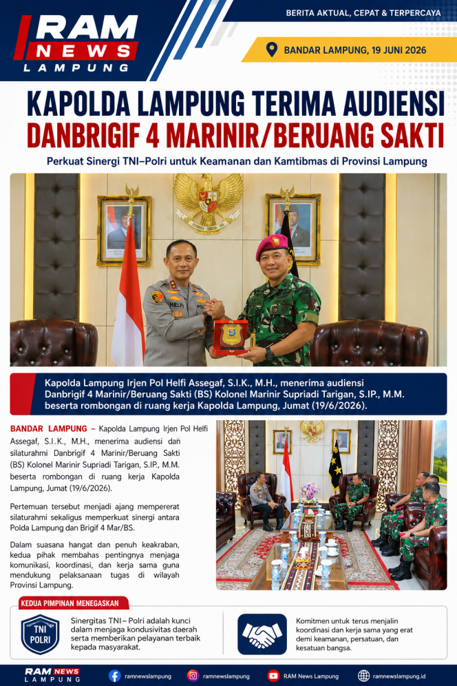 
					Kapolda Lampung Terima Audiensi Danbrigif 4 Marinir/Beruang Sakti, Perkuat Sinergi TNI-Polri