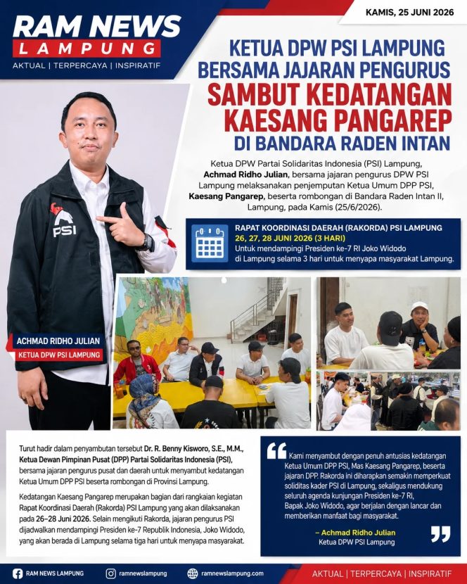 
					Ketua DPW PSI Lampung Sambut Kedatangan Kaesang Pangarep di Bandara Raden Intan, Siap Sukseskan Rakorda PSI dan Agenda Jokowi di Lampung